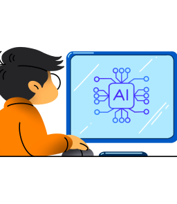 A student at a monitor showing an AI chip graphic