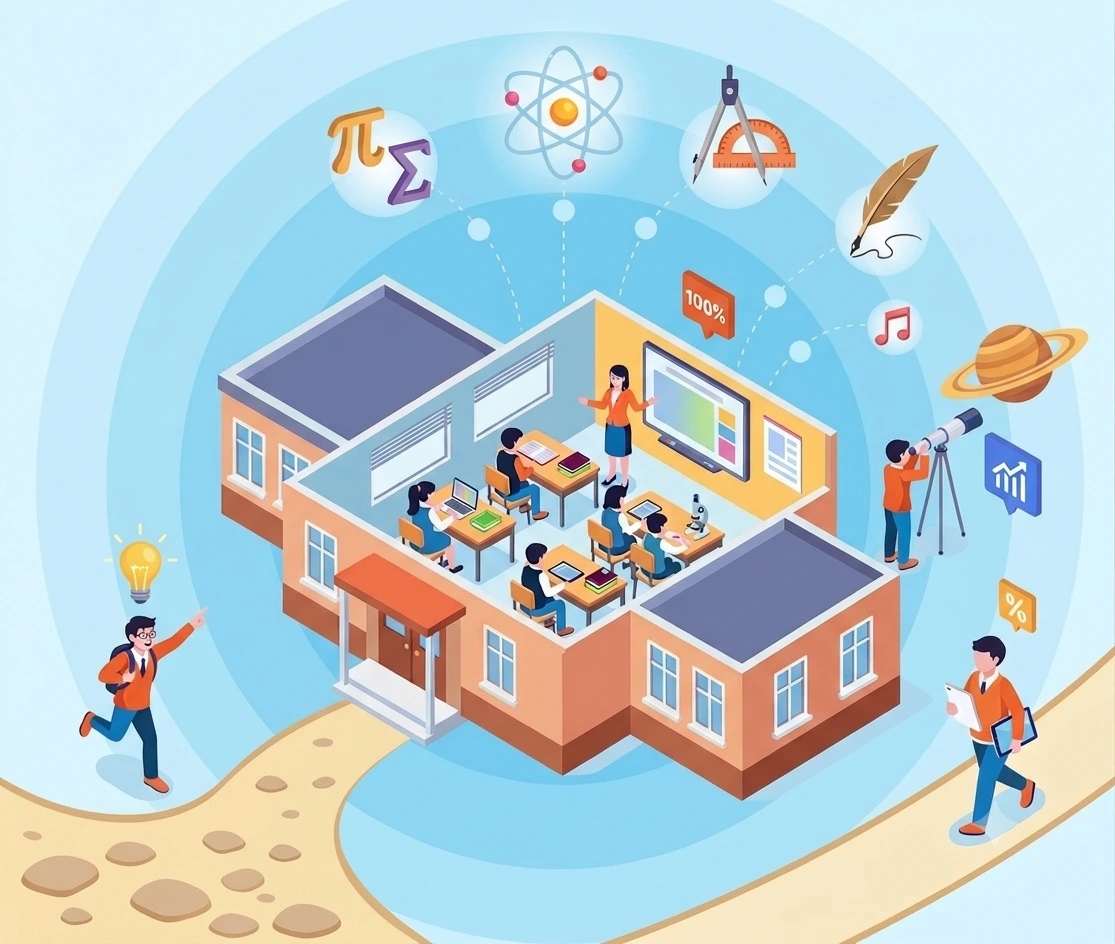 An isometric cutaway of a school: a teacher at a smartboard, students working at desks on laptops and tablets, ringed by subject icons for maths, science, geometry, music and astronomy