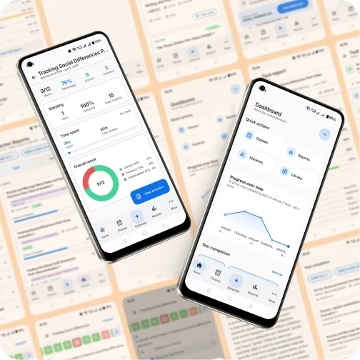 The ETL Teacher App on two phones, showing a class test report with an overall result breakdown, and a teacher dashboard with progress over time