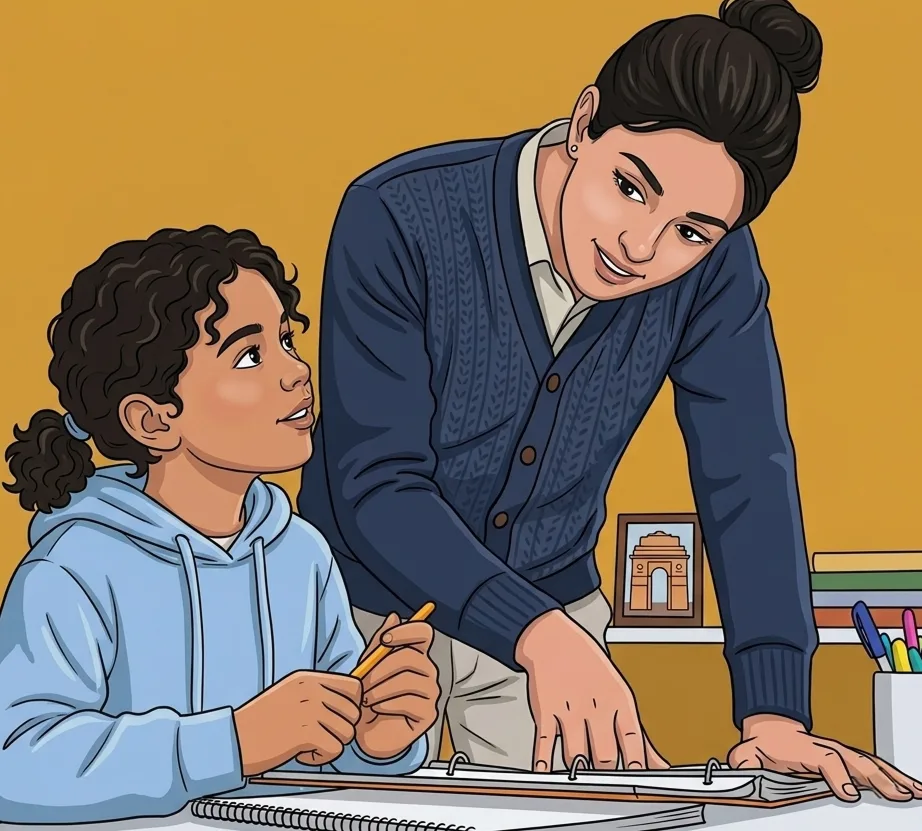 A teacher leaning over a desk to help a student with their work